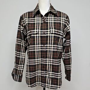 Laure Ralph Lauren Plaid Button Up Dark Green Tan Red, SZ SMALL Cotton Twill